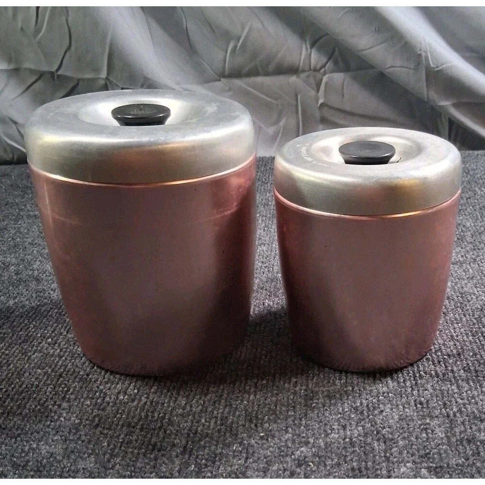 Vintage West Bend Copper Rose Gold Tea Coffee Kitchen Canisters w Silver Lid